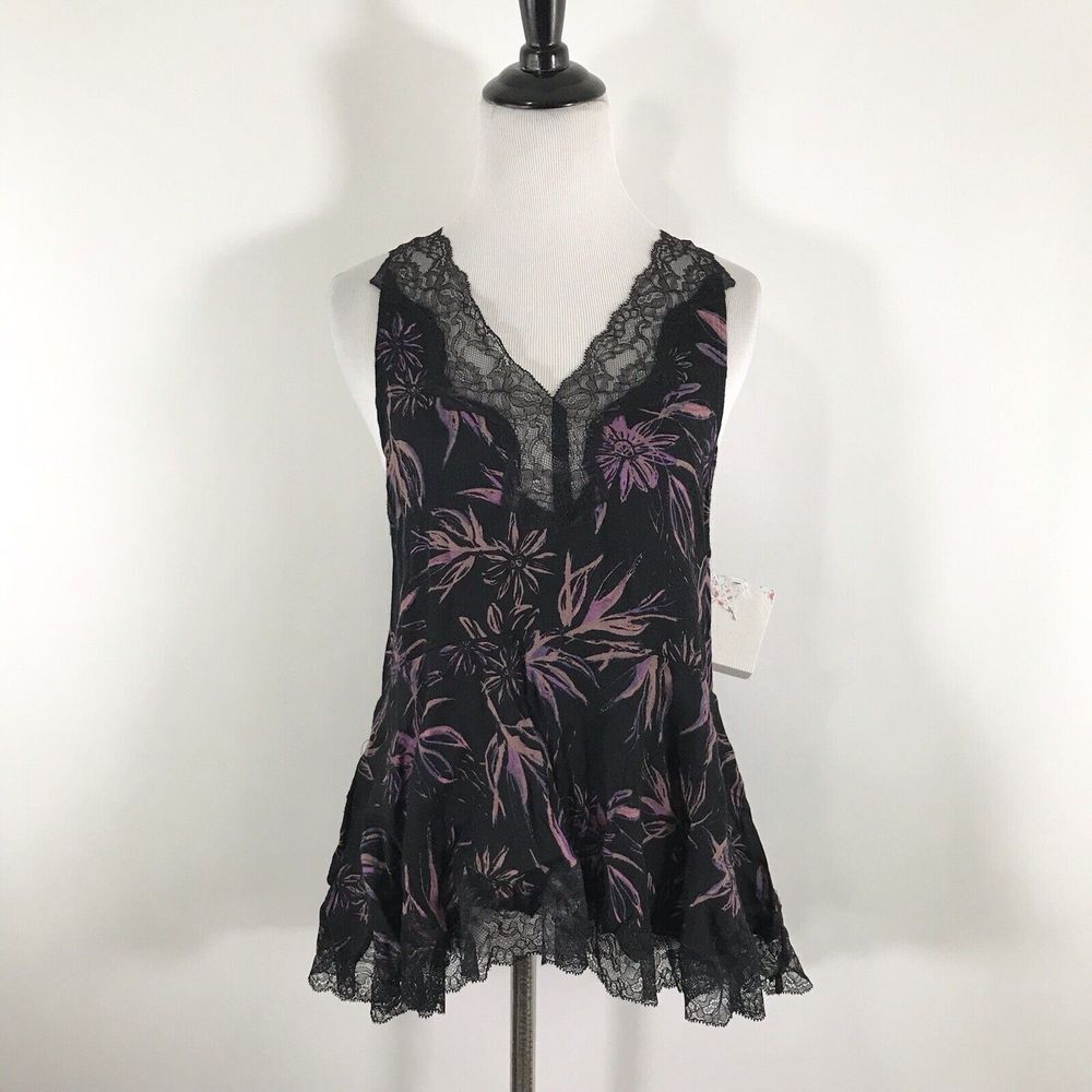 Free People Intimately‎ Tank Top XS Black Purple Floral Lace whimsygoth fairy